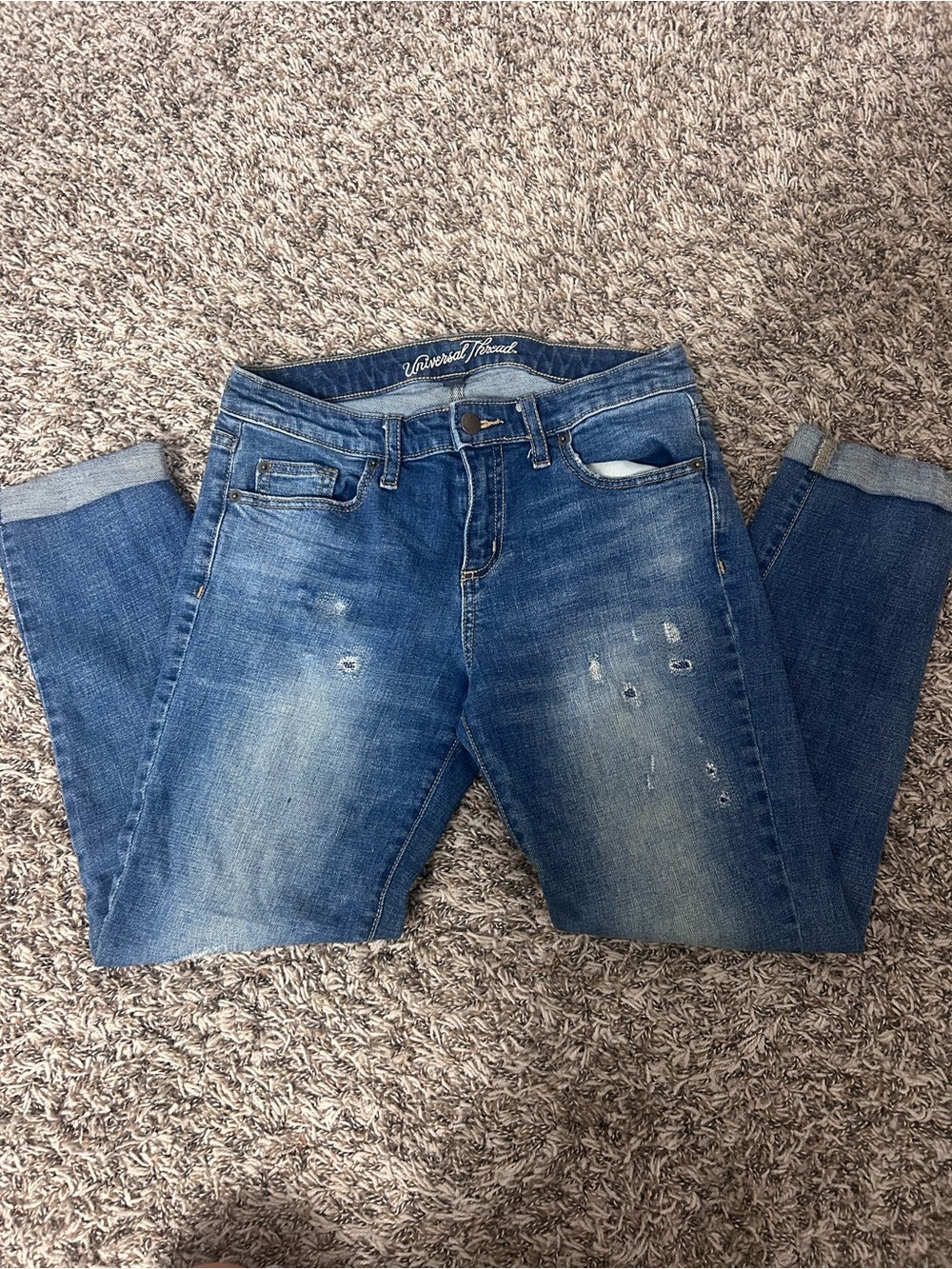 Universal Thread Washed Blue Mid Rise Boyfriend Crop Jeans with Distressing